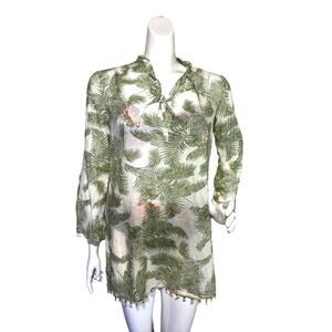 BEACH STAR EUC Green White 100% Cotton Swim Cover up beaded hemline Size Small